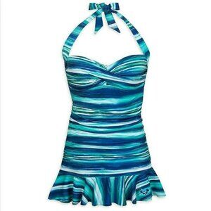 Disney Women's Minie Mouse Blue Striped Halter One Piece Skirted Swimsuit Small